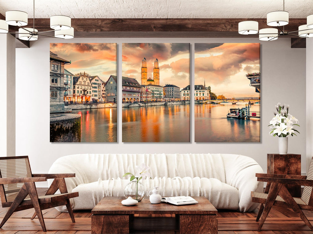 Art mural de Zurich – Impression sur toile de l'Église Grossmunster – Paysage urbain de Zurich – Décoration murale suisse – Rivière Limmat – Œuvre d'art de Zurich