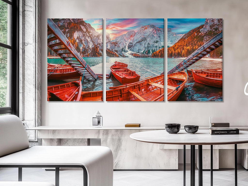 Seni Dinding Tasik Alpine Lago di Braies Cetakan Kanvas Dolomites Mountain Art Landskap Cetakan Besar 5 Panel Alps Karya Seni Cetakan Hiasan Dinding Alam Semulajadi