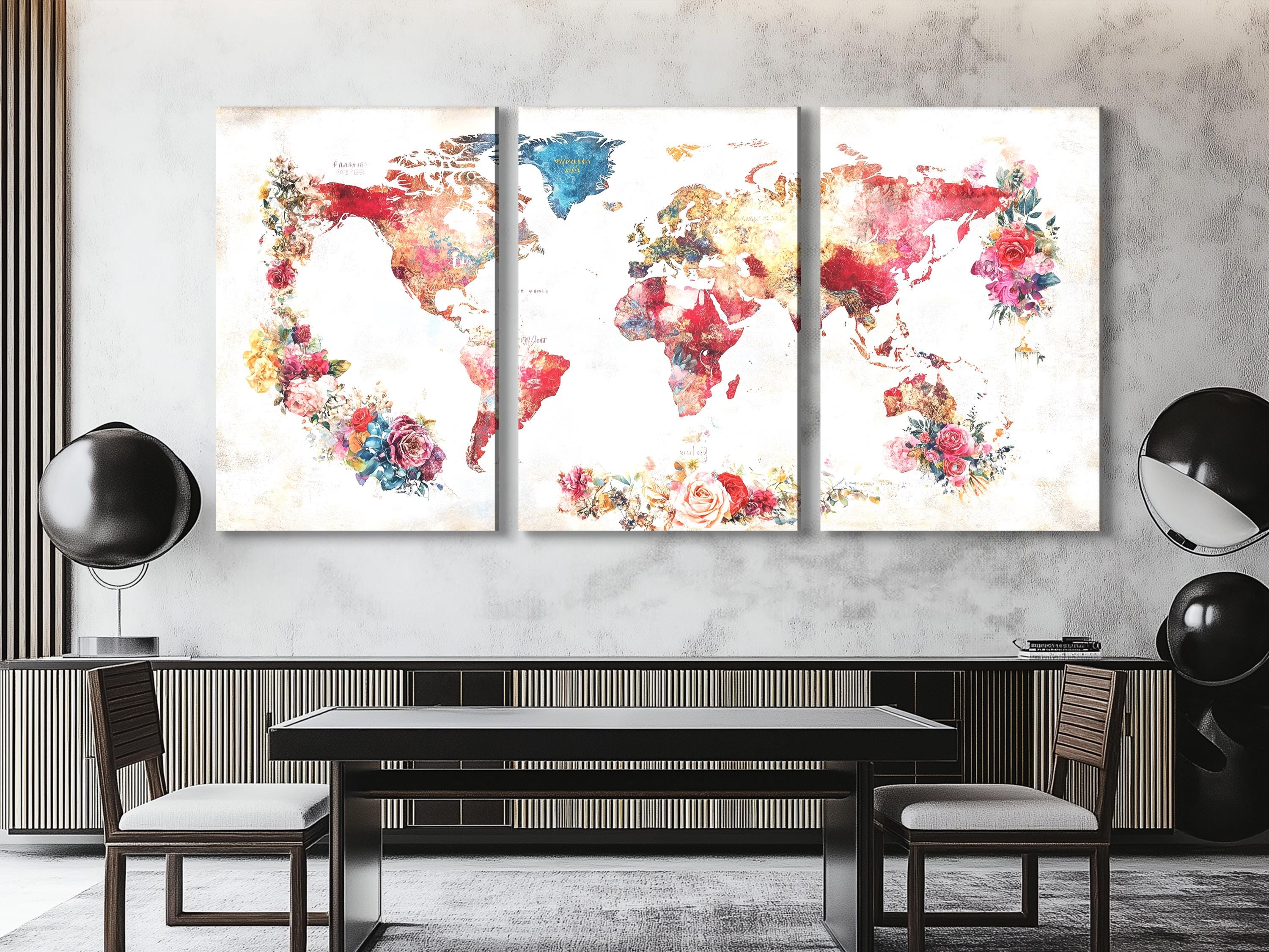 Mappa del mondo floreale su tela, decorazione da parete con mappa astratta, acquerello, dipinto con mappa del mondo, stampa floreale, viaggio, arte colorata per interni di casa