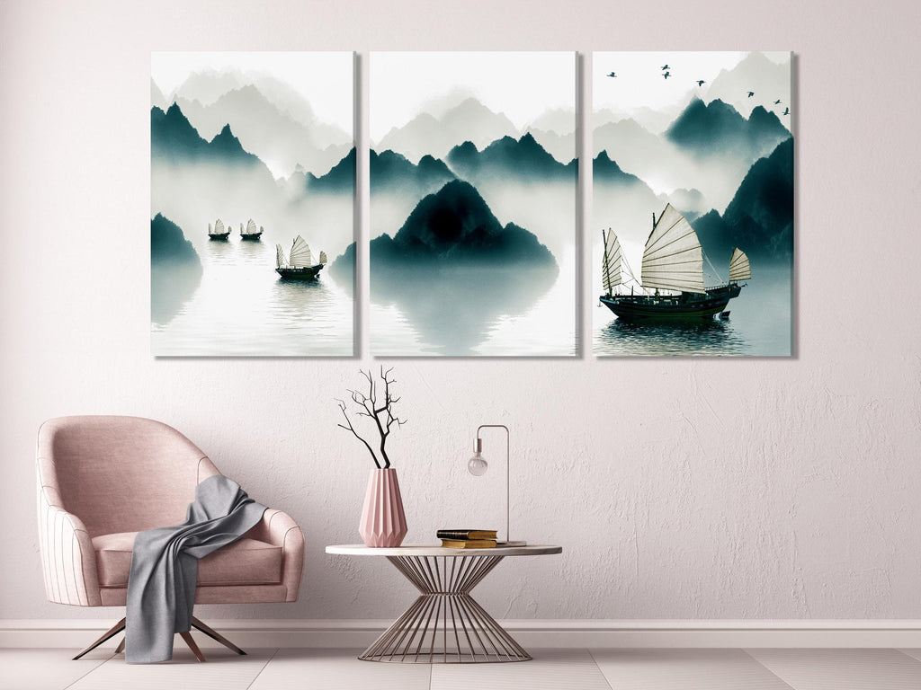 Foggy Mountains Wall Art - Chinese Junk Boats Canvas Print, Large 5 Panel Asian Landscape, Serene Water Scene Artwork, Tranquil Nature Decor