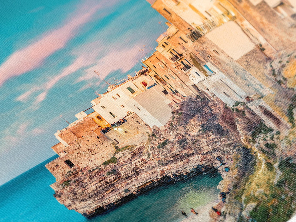 Enchanting ocean-view artwork focusing on golden cliffs and a sheltered cove, reimagined as a tranquil wall art painting and contemporary canvas print for coastal décor.