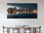 Modern Vancouver skyline wall art capturing shimmering reflections on the waterfront under a starry night, creating an elegant city-themed painting.