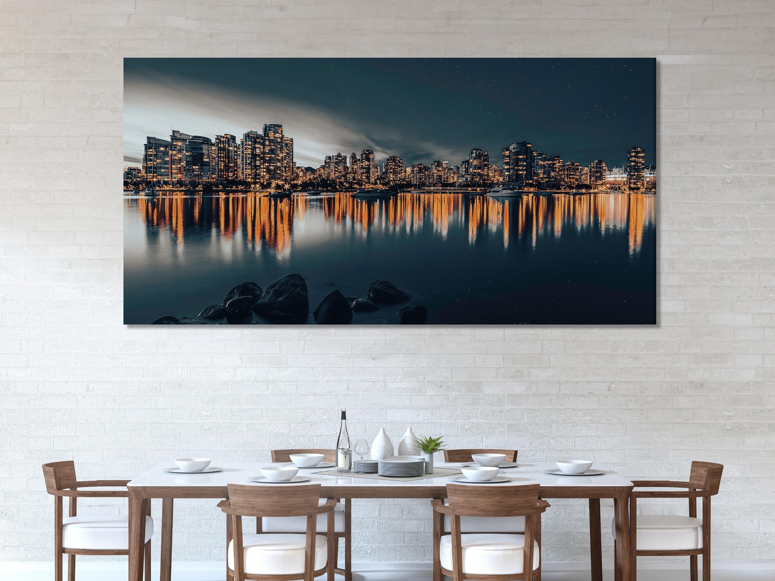 Modern Vancouver skyline wall art capturing shimmering reflections on the waterfront under a starry night, creating an elegant city-themed painting.