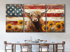 Highland Cow Wall Art - Rustic Art Farmhouse Decor, American Flag Canvas Art, Highland Cow Art Print, American Wall Decor, Large Cow Artwork