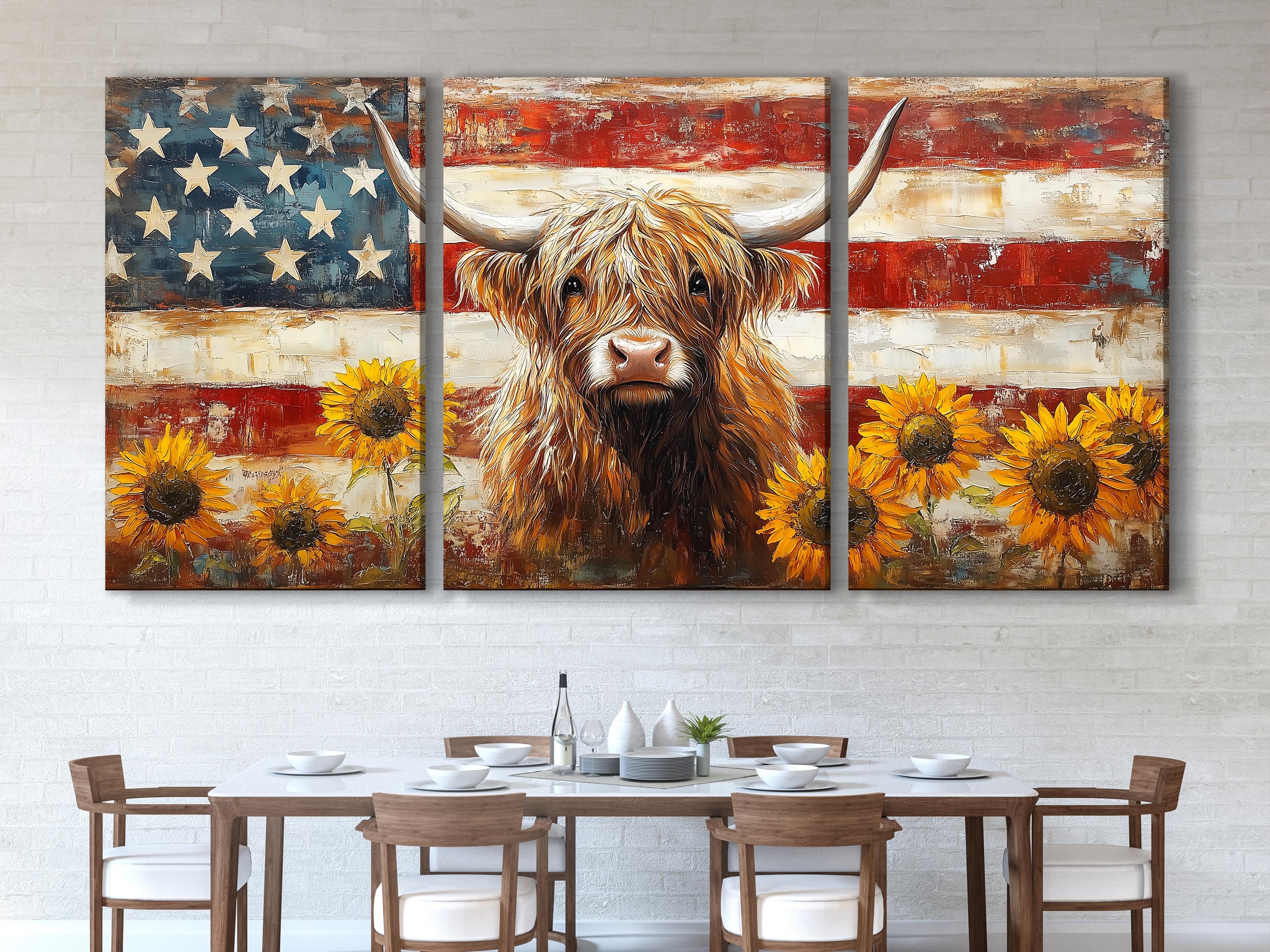 Highland Cow Wall Art - Rustic Art Farmhouse Decor, American Flag Canvas Art, Highland Cow Art Print, American Wall Decor, Large Cow Artwork