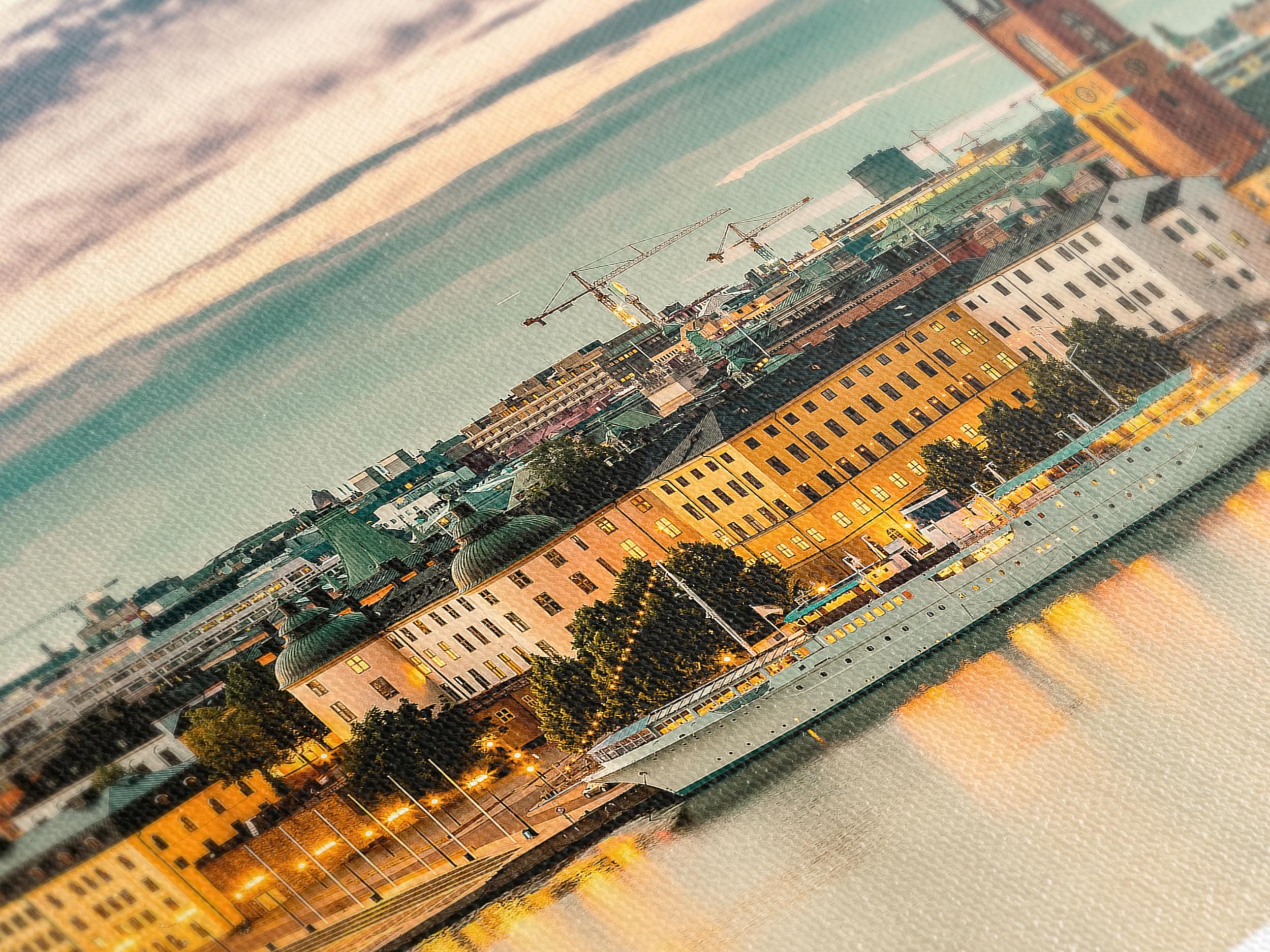 Stockholm Cityscape Canvas Print, Large Scandinavian Wall Art, Sunset Waterfront Artwork, Modern Art Print, Urban Wall Decor for Home