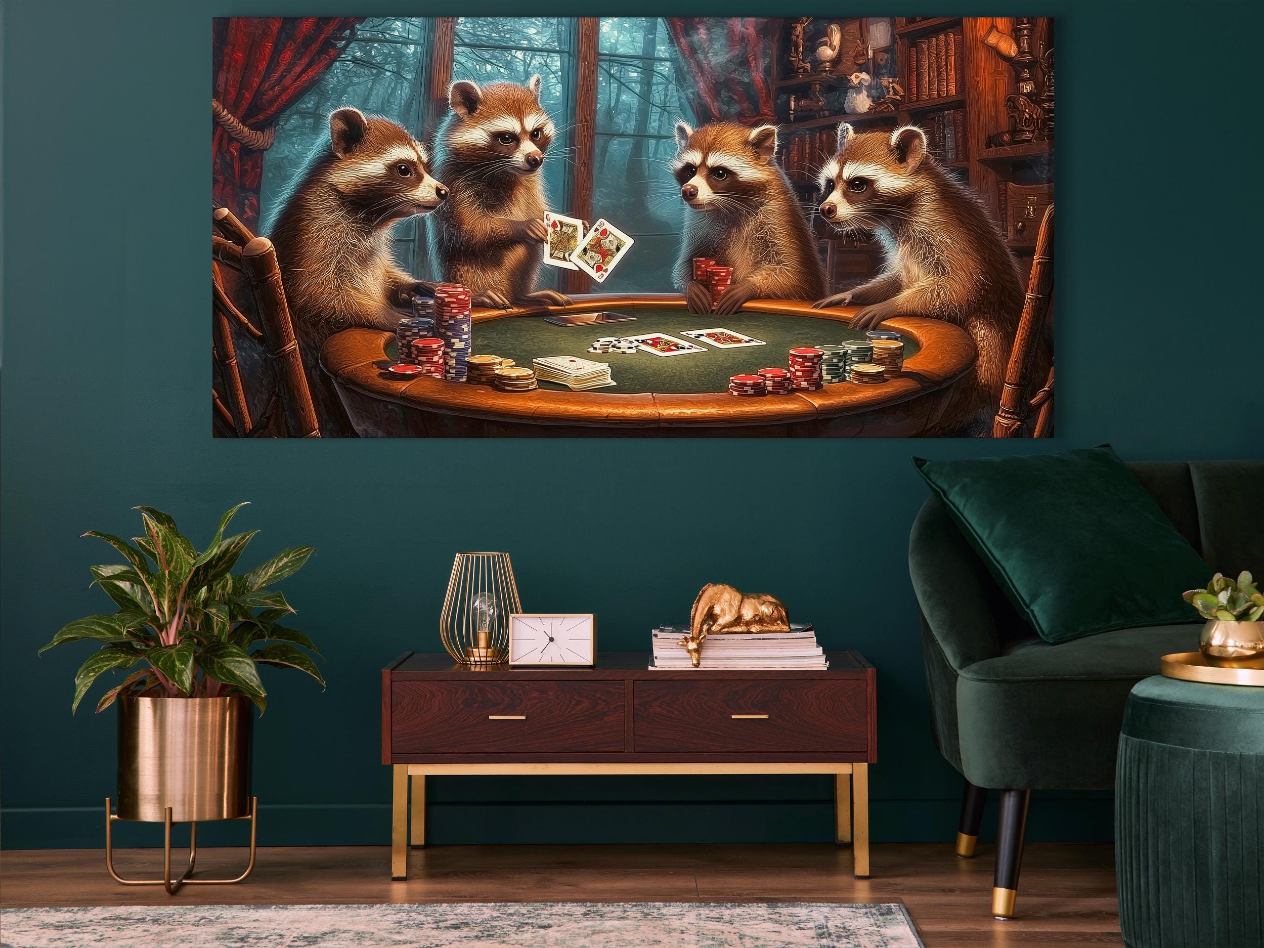Raccoons Playing Poker Wall Art - Man Cave Wall Decor, Poker Room Wall Art, Game Room Wall Art, Gift for Him, Poker Lover Gift Idea for Home