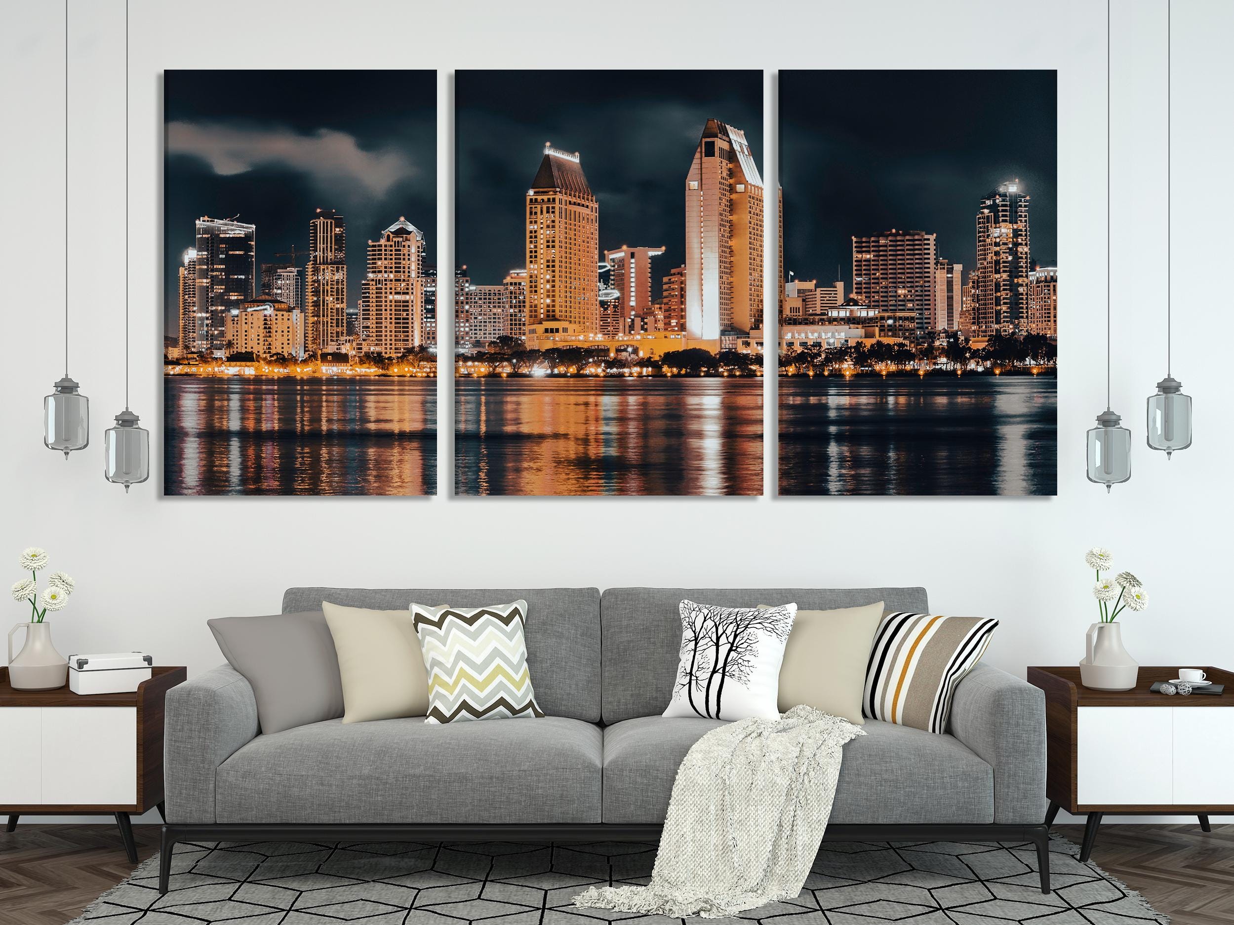 San Diego Skyline Canvas Print – Large Night Cityscape Wall Art, Downtown Waterfront View, Modern Urban Decor for Living Room or Office