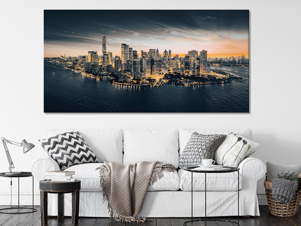 Manhattan Skyline Canvas Wall Art – Dusk Over New York City, Large Urban Landscape Canvas Print for Modern Home or Office Wall Decor