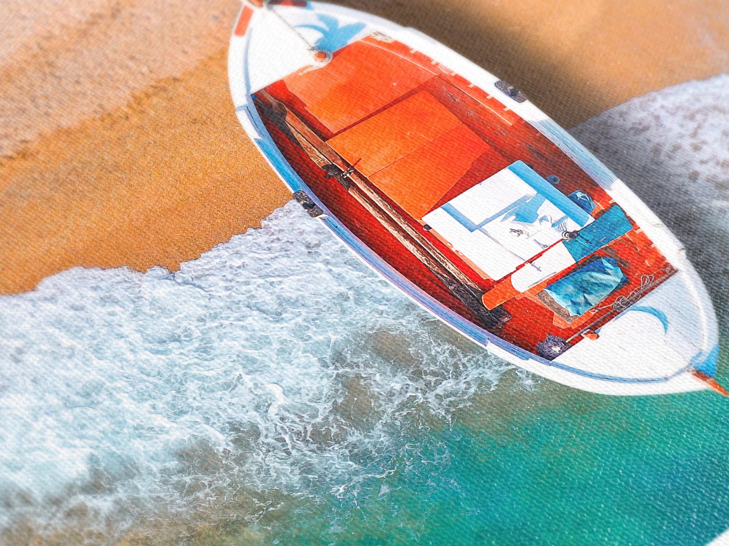 Aegean Island Fishing Boat Canvas, Aerial View of Greek Boat on Turquoise Sea, Crystal Clear Water Wall Art, Coastal Greek Decor Triptych