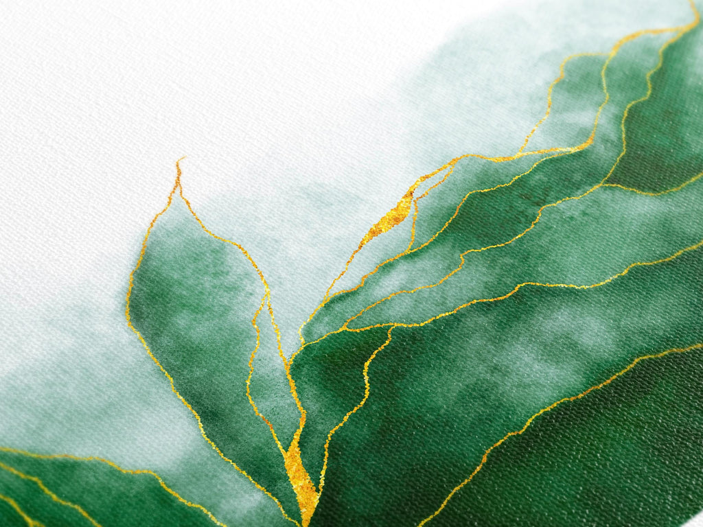Aquarel groen en goud drieluik canvas print met abstracte natuur en gebarsten marmerkunst - moderne wandkunst voor thuis en op kantoor