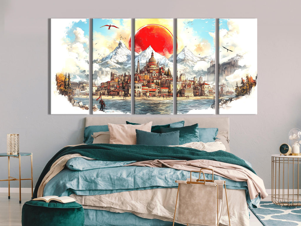 Impresión en lienzo de ciudad medieval, paisaje urbano de fantasía, arte mural, pintura de montaña majestuosa, sol rojo escénico, obra de arte, paisaje abstracto, decoración