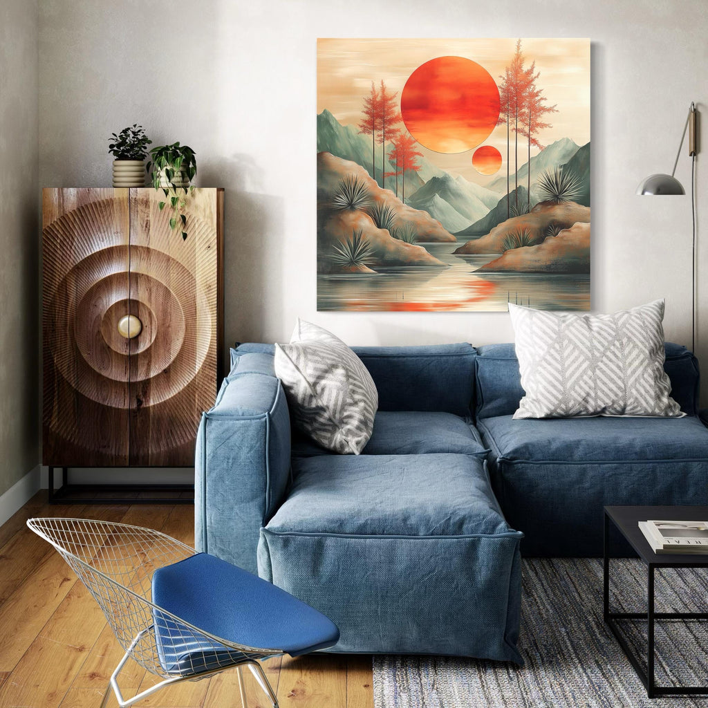 Minimalist Boho Wall Art - Abstract Mountain Canvas Art, Sunset Artwork, Muted Earthy Wall Decor, Calming Wall Art, Modern Abstract Mountain