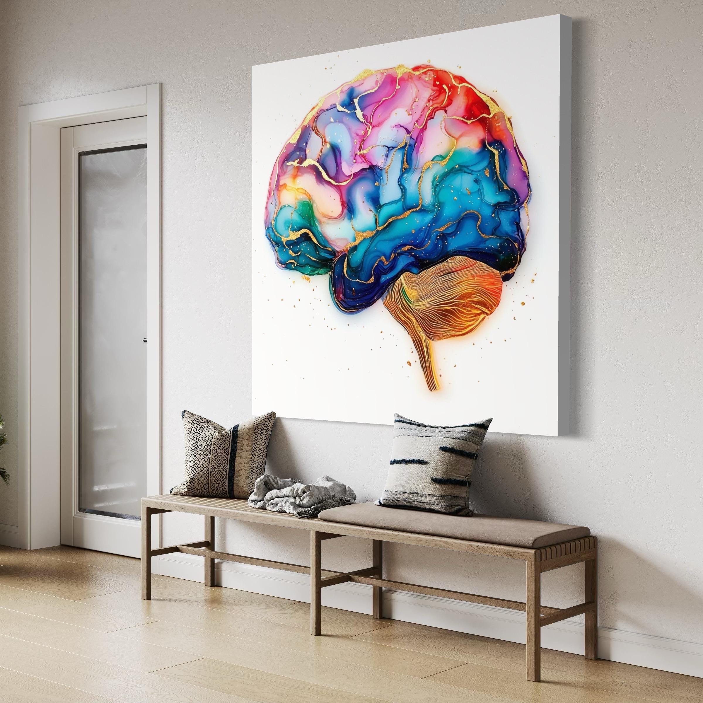 Gold and blue abstract brain canvas styled in a gallery wall.