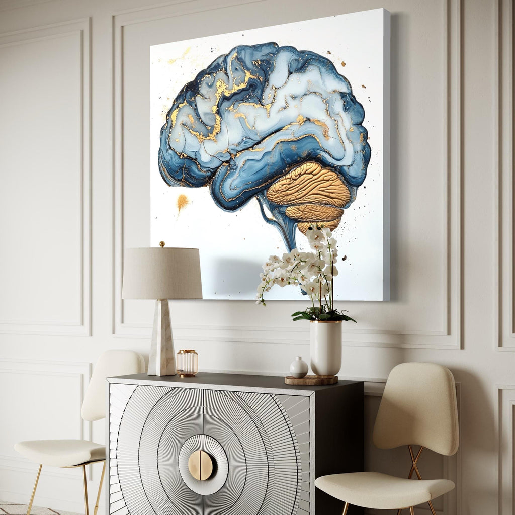 Abstract Brain Art - Neuroscience Wall Decor, Gold & Blue Brain Anatomy Canvas Print, Modern Science Artwork, Medical Office Wall Art