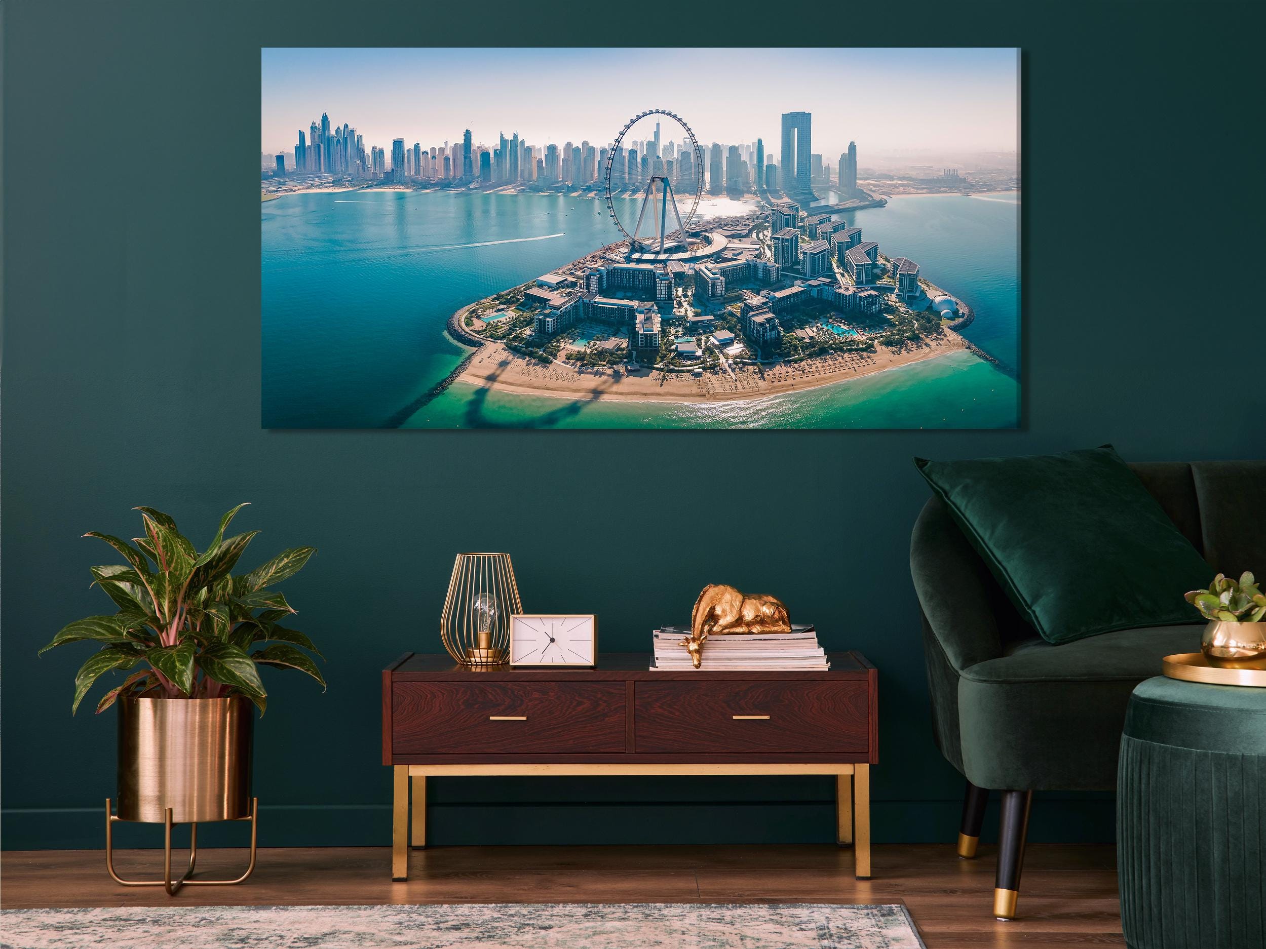 Dubai Skyline Canvas Print, Large Cityscape Wall Art, Aerial View of Bluewaters Island and Ain Dubai, Extra Large Modern Architecture Decor