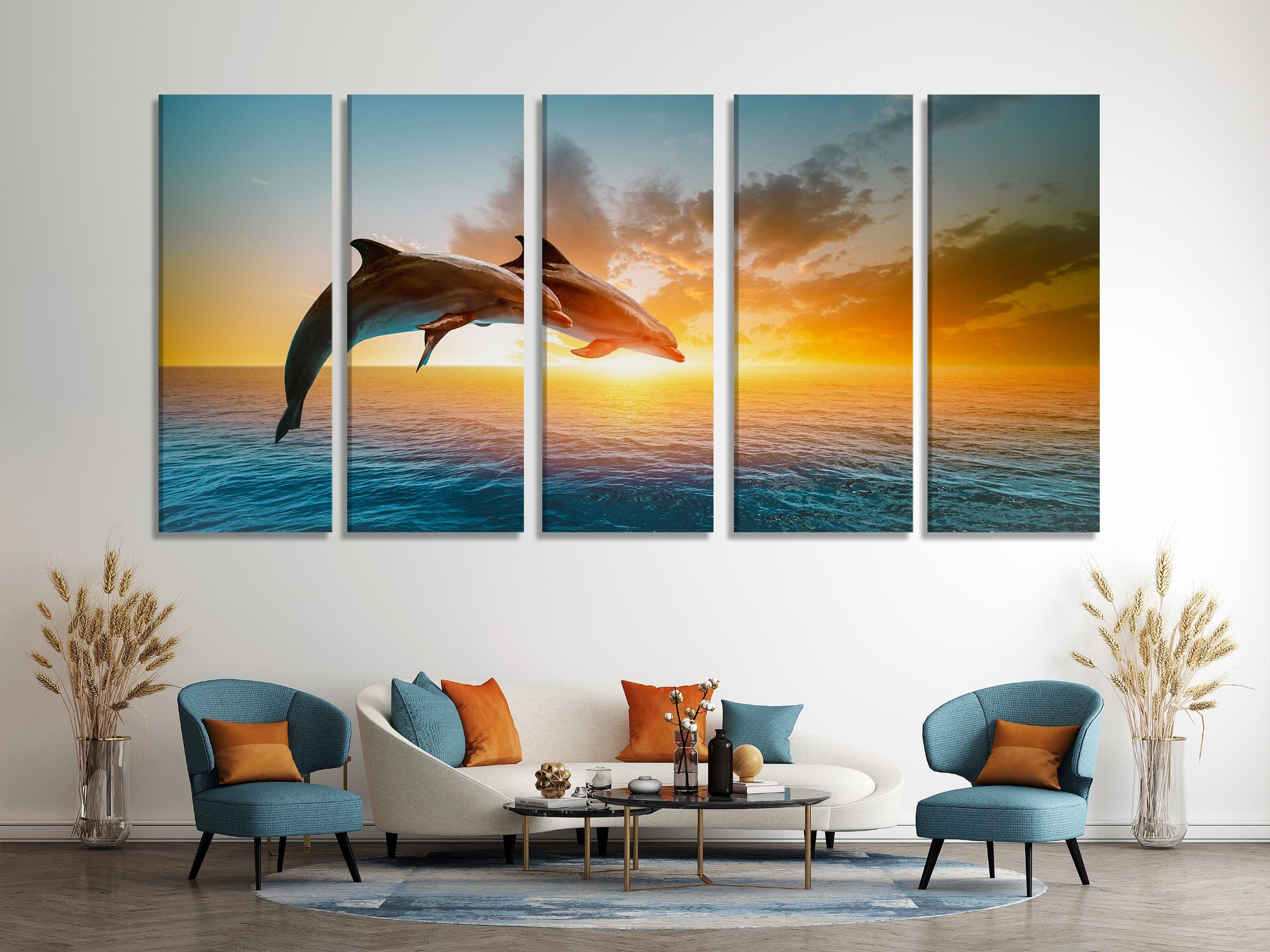 Dolphin Canvas Art - Ocean Sunset Wall Art, Dolphin Wall Art, Dolphin Canvas Print, Dolphin in the Ocean Art Print, Dolphin Fine Art Print
