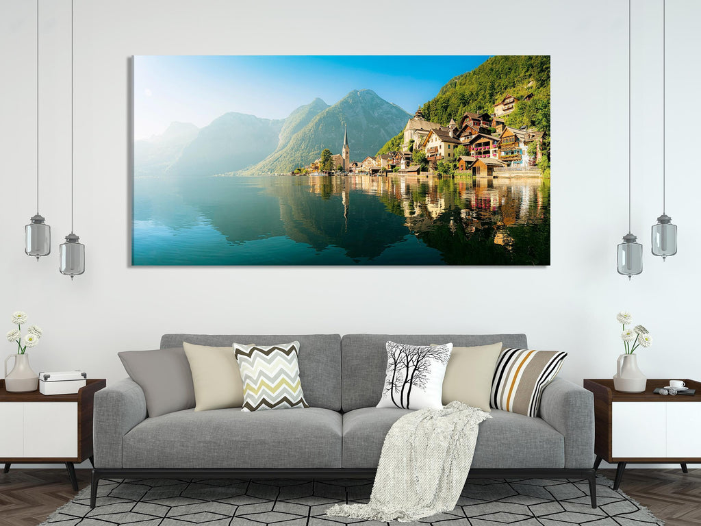 Stampa su tela di Hallstatt, Austria, grande arte murale di un villaggio europeo, fotografia di paesaggi di lago e montagna, arredamento extra large ispirato ai viaggi