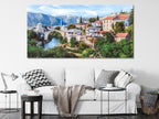 Mostar Old Town Canvas Art Print, Iconic Stari Most Bridge Wall Art, Oversized Bosnia and Herzegovina Landscape Artwork, Rustic Interior Art
