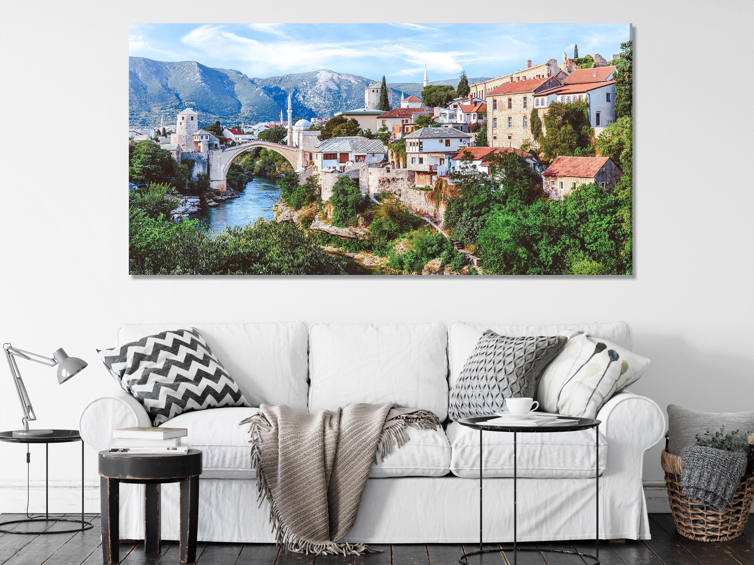 Mostar Old Town Canvas Art Print, Iconic Stari Most Bridge Wall Art, Oversized Bosnia and Herzegovina Landscape Artwork, Rustic Interior Art