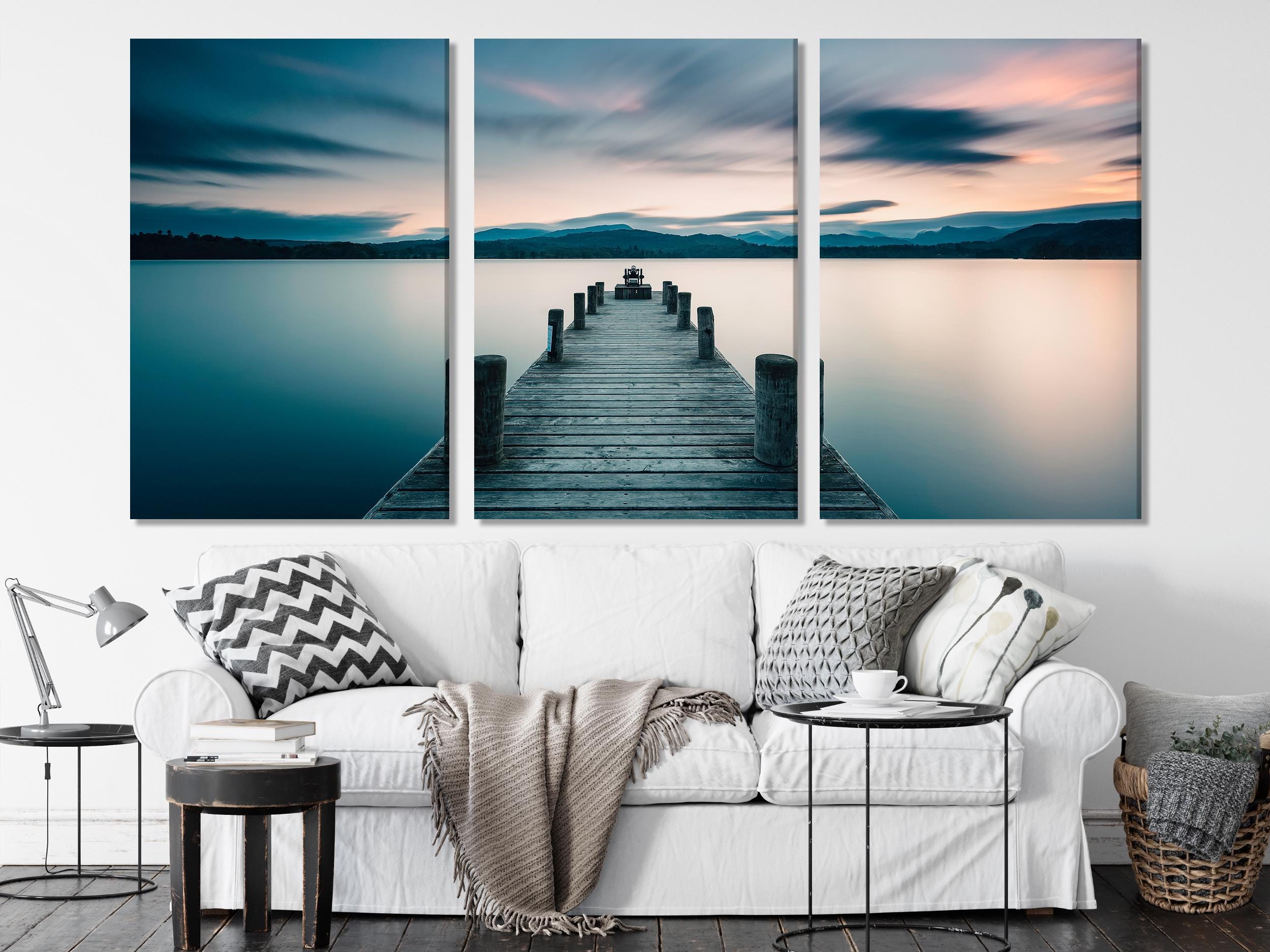 Lakeside Pier Canvas Print, Large Landscape Wall Art, Contemporary Sunset Artwork, Modern Nature Art Print, Peaceful Wall Decor for Home