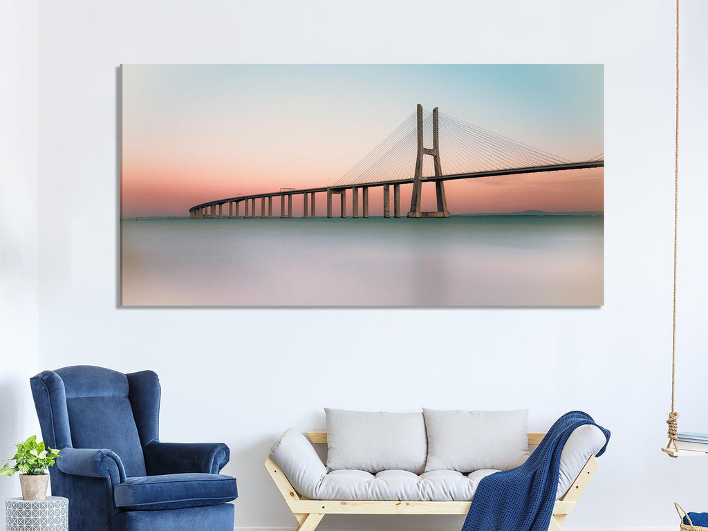 Vasco da Gama Bridge Canvas Print, Large Lisbon Wall Art, Minimalist Sunset Landscape, Modern European Architecture Artwork, Coastal Canvas