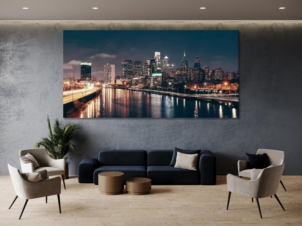 Philadelphia Skyline Canvas Wall Art, Night Cityscape Multi-Panel Print, Urban Downtown Decor, Modern City Lights Art, Large Philly Wall Art