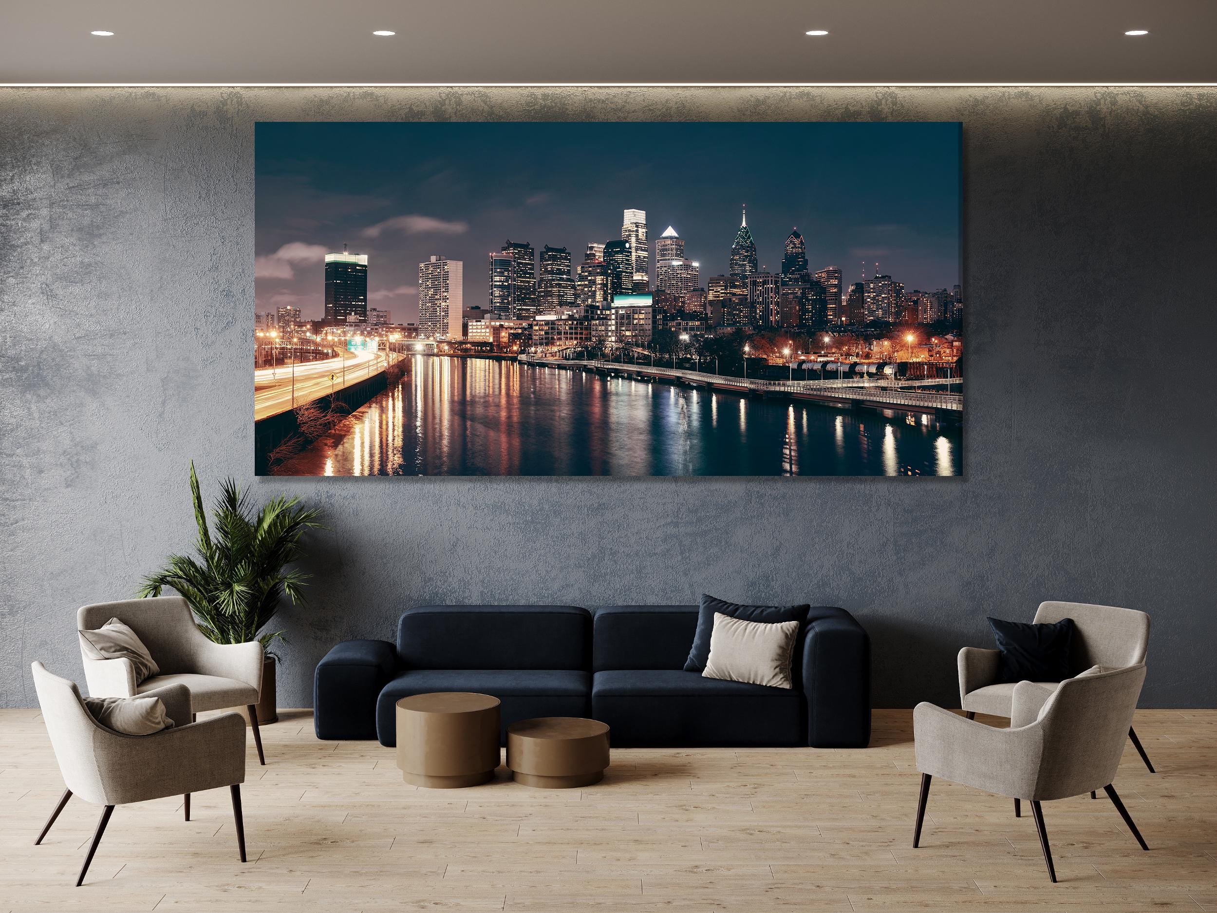 Philadelphia Skyline Canvas Wall Art, Night Cityscape Multi-Panel Print, Urban Downtown Decor, Modern City Lights Art, Large Philly Wall Art