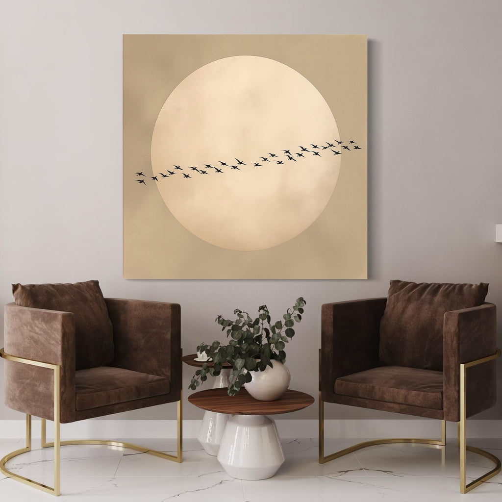 Japandi Moon Wall Art - Flying Flock of Birds Canvas Print, Feng Shui Neutral Decor, Japanese Sun Art, Large Living Room Oriental Wall Decor