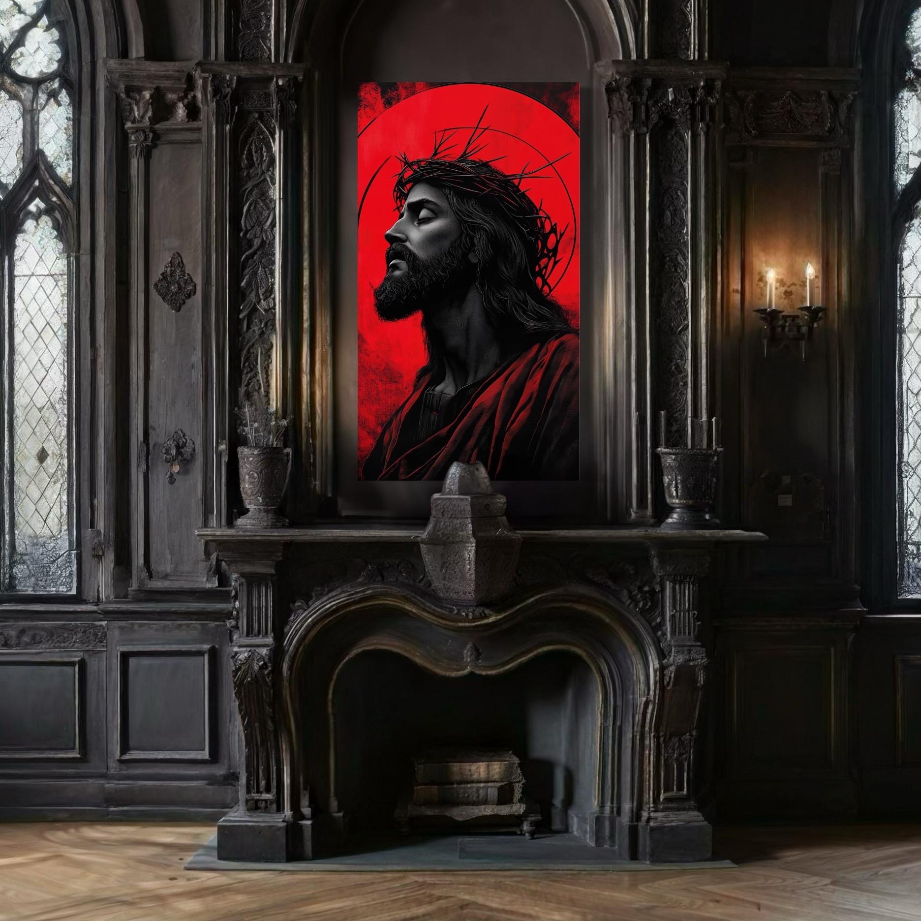 Jezus Christus wanddecoratie - religieuze christelijke canvasprint, modern Jezusportret, doornenkroonschilderij, spiritueel kunstwerk voor huisdecoratie