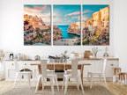 Picturesque cliffside architecture portrayed in this coastal city canvas print, offering a vivid painting aesthetic for any modern wall art or refined artwork collection.