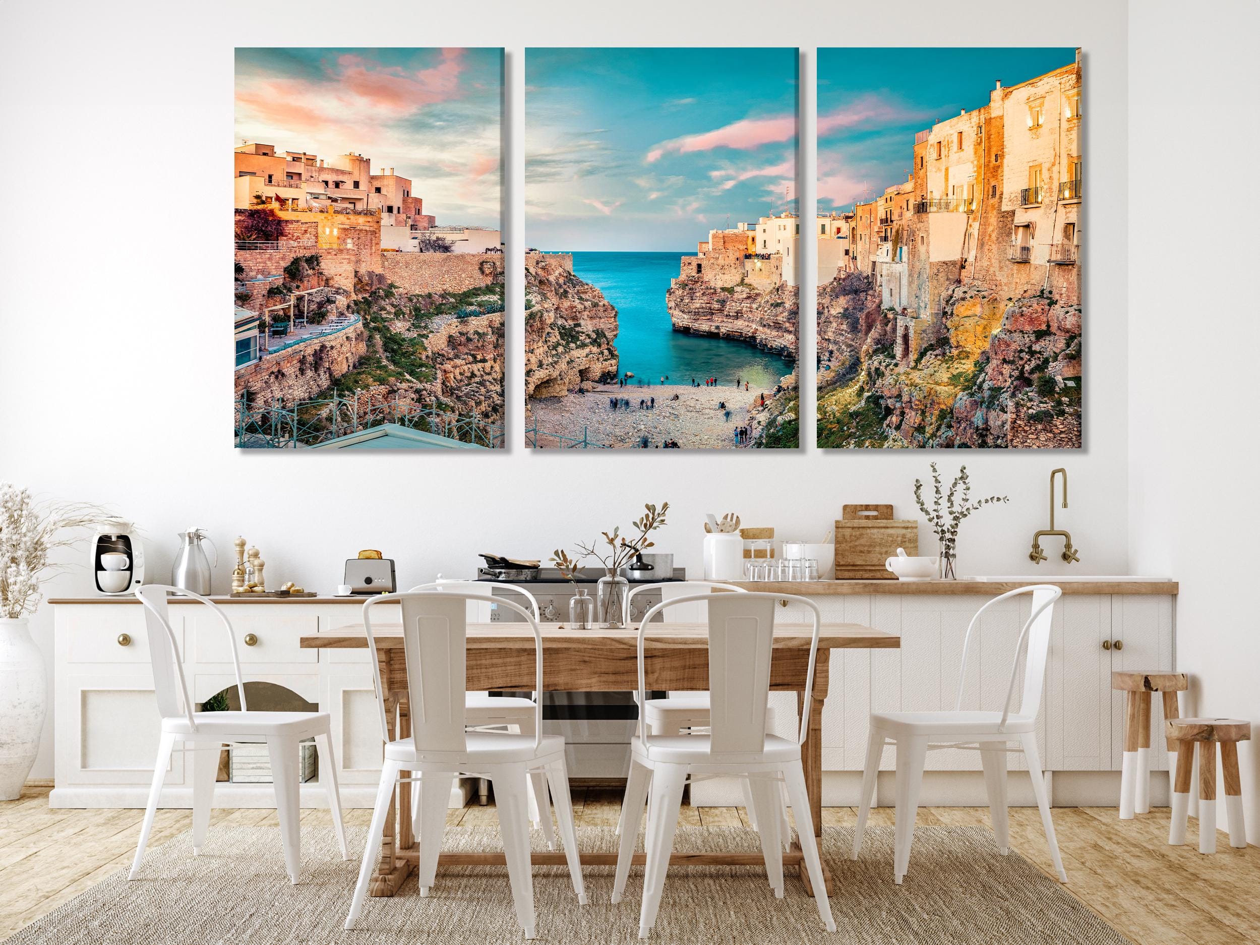 Picturesque cliffside architecture portrayed in this coastal city canvas print, offering a vivid painting aesthetic for any modern wall art or refined artwork collection.