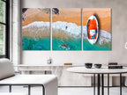 Aegean Island Fishing Boat Canvas, Aerial View of Greek Boat on Turquoise Sea, Crystal Clear Water Wall Art, Coastal Greek Decor Triptych