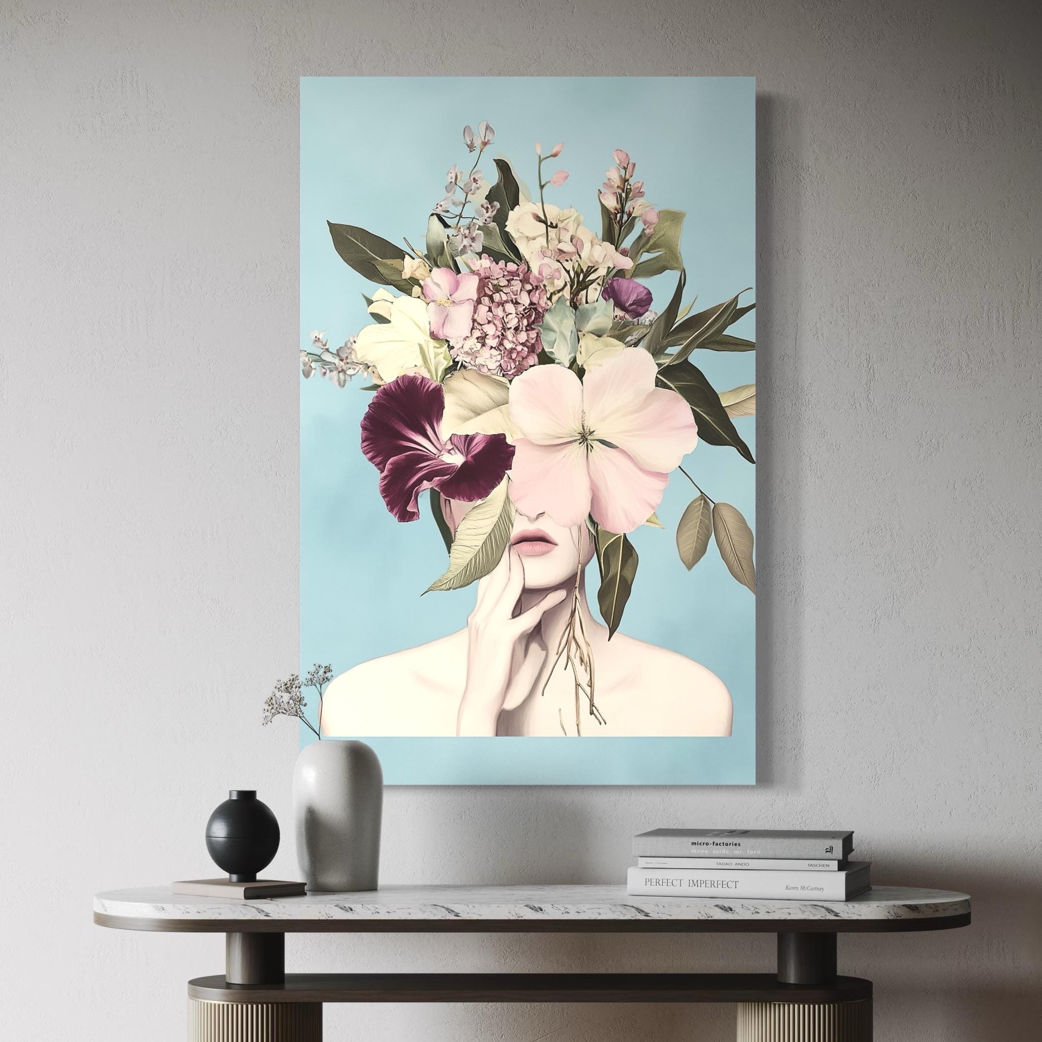 Captivating female silhouette painting fused with blooming pastel flowers, offered as a modern canvas print wall art for refined interior artwork.