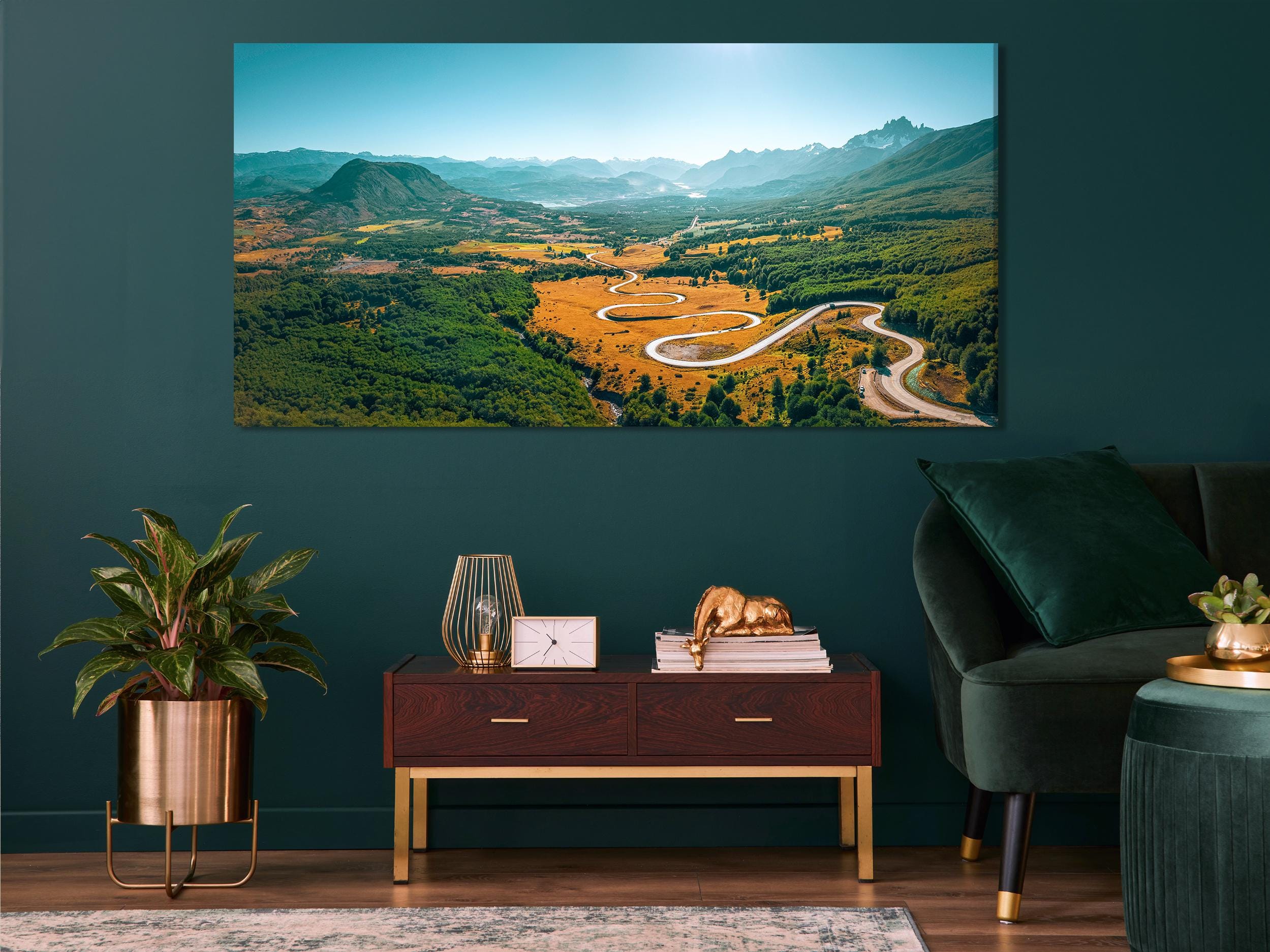 Stampa su tela "Carretera Austral Road", grande paesaggio della Patagonia, strada avventurosa nella valle cilena, decorazione di montagna extra large