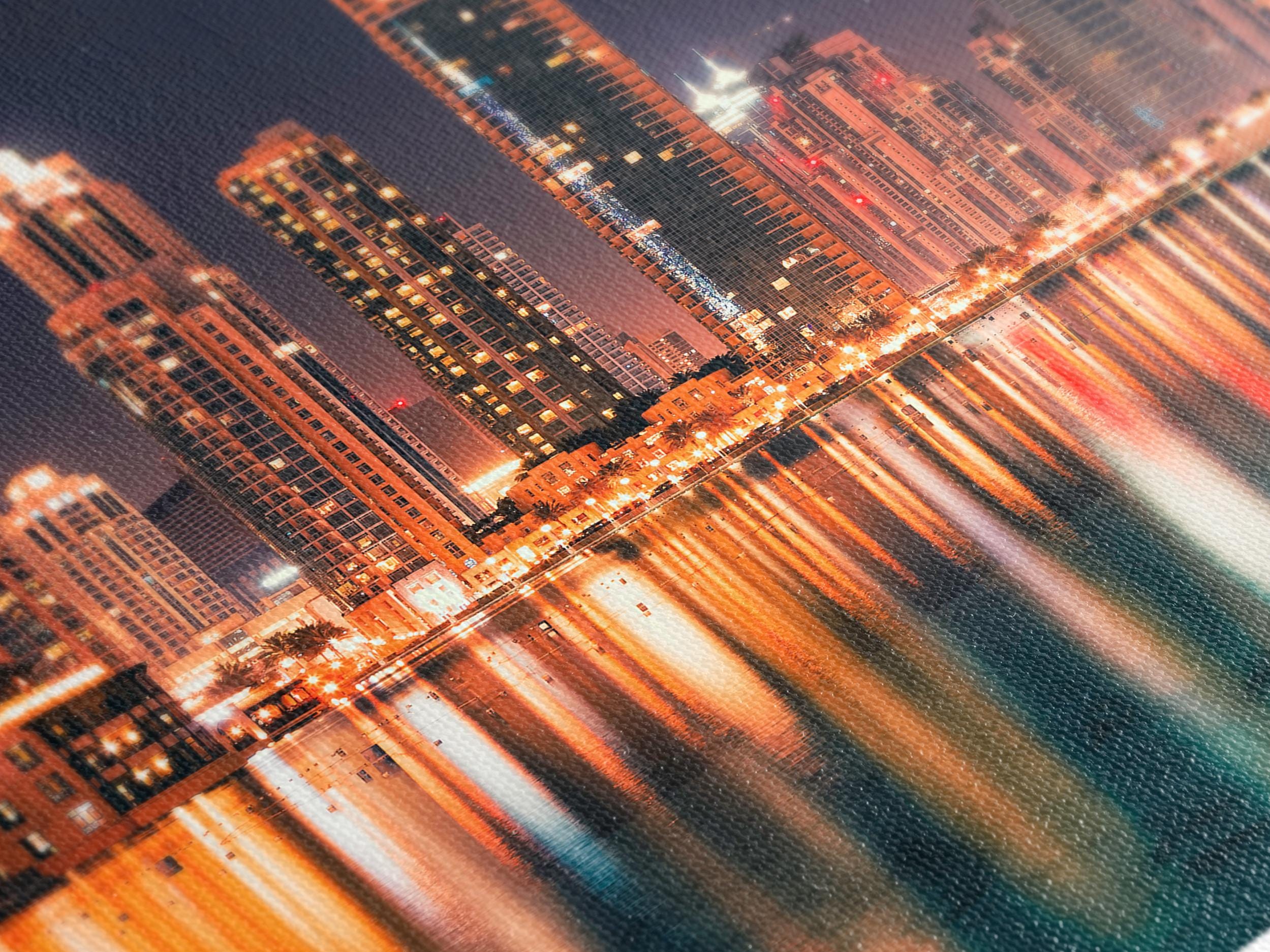 Dubai Skyline at Night Canvas Print – Vibrant Cityscape Wall Art, Modern Urban Dubai Artwork, Modern Cityscape Wall Art for Home & Office