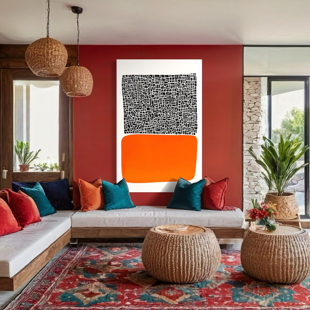 Abstract Print - Mid Century Modern Wall Art, Extra Large Abstract Canvas Print, Black and Orange Geometric Artwork, Birthday Gift for Mum