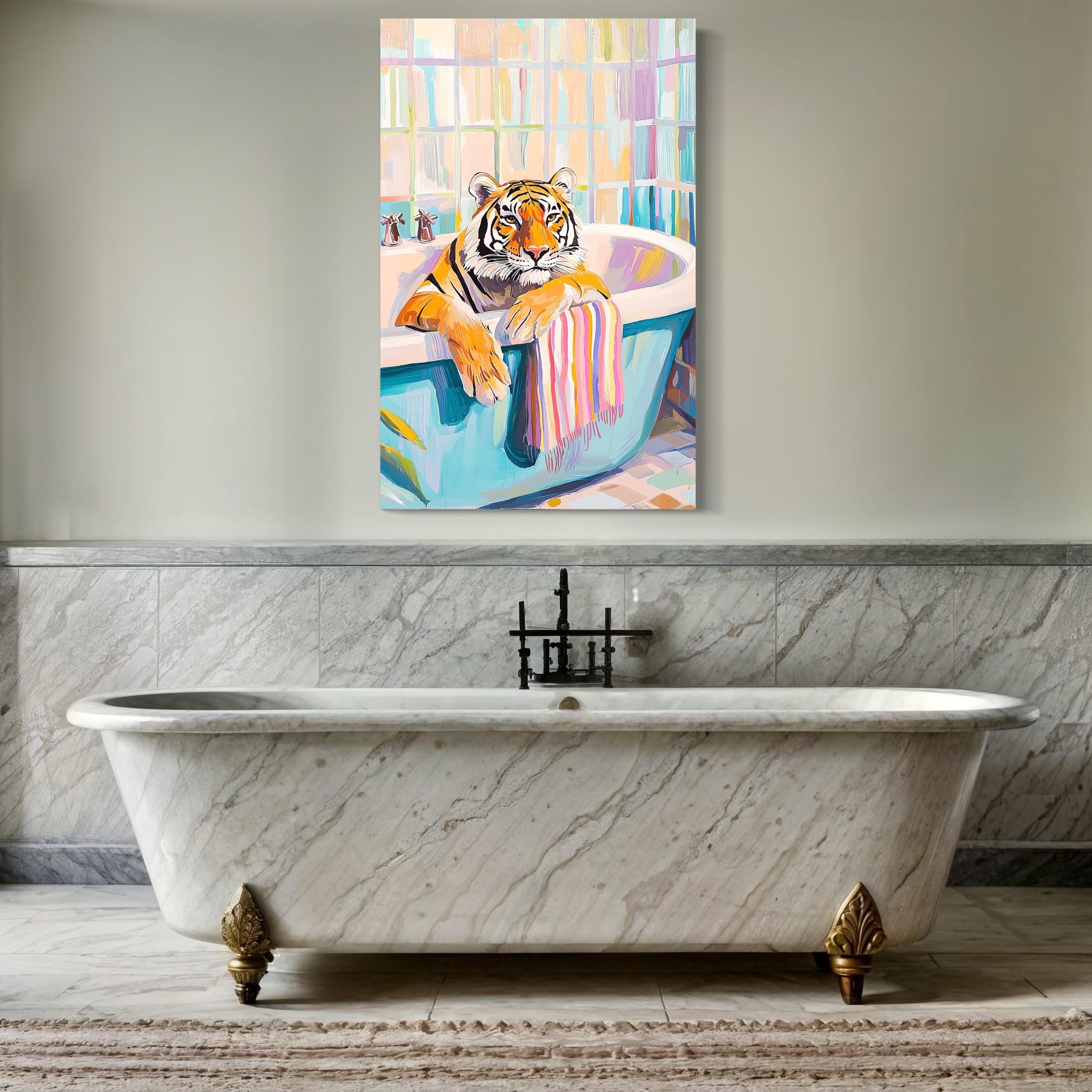 Tiger Poster Art - Maximalist Bathroom Wall Art, Dopamine Decor, Pink Kitsch Aesthetic, Trendy Tiger in a Bath Print, Preppy Jungle Wall Art