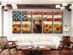 Highland Cow Wall Art - Rustic Art Farmhouse Decor, American Flag Canvas Art, Highland Cow Art Print, American Wall Decor, Large Cow Artwork