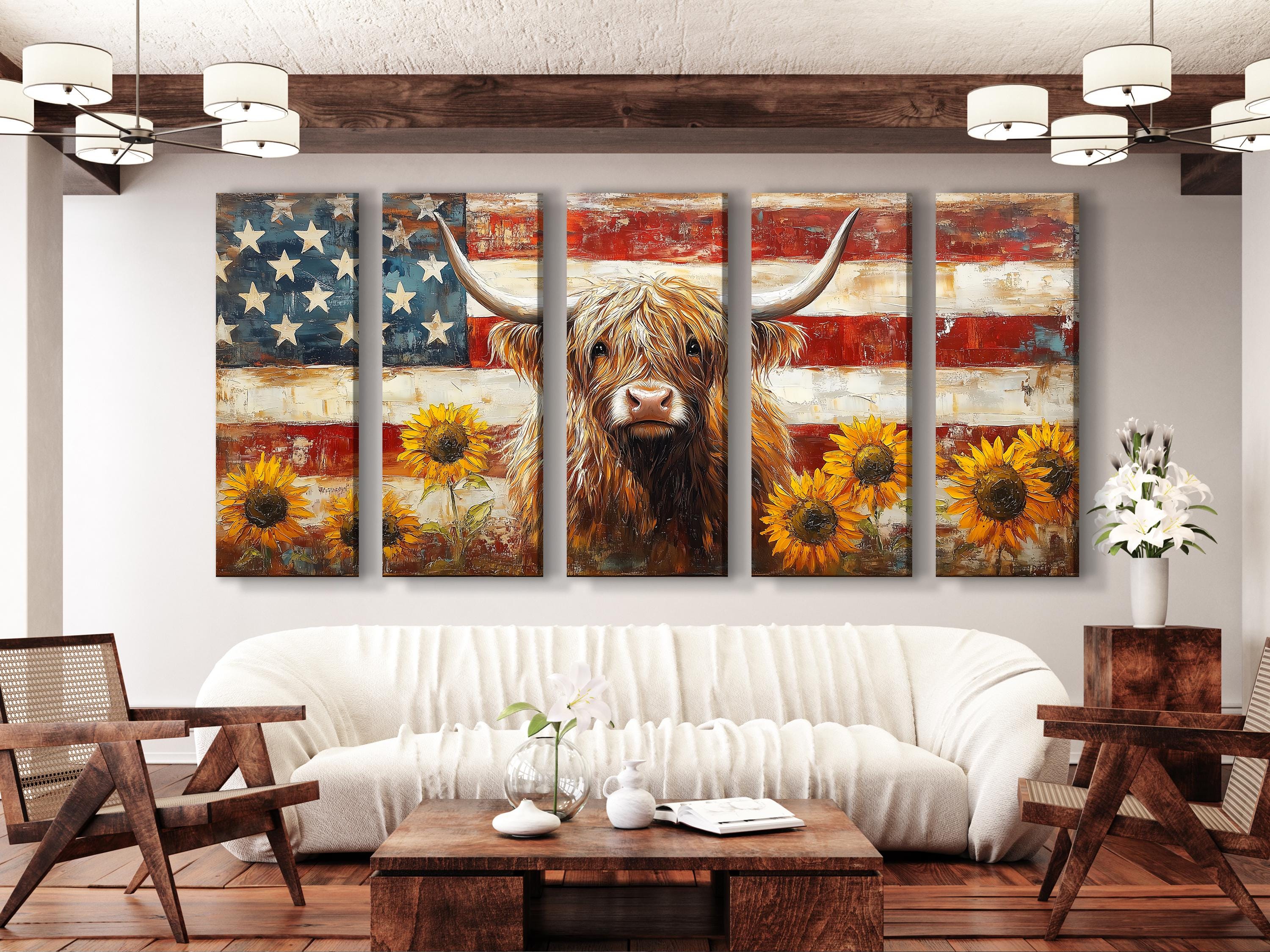 Highland Cow Wall Art - Rustic Art Farmhouse Decor, American Flag Canvas Art, Highland Cow Art Print, American Wall Decor, Large Cow Artwork