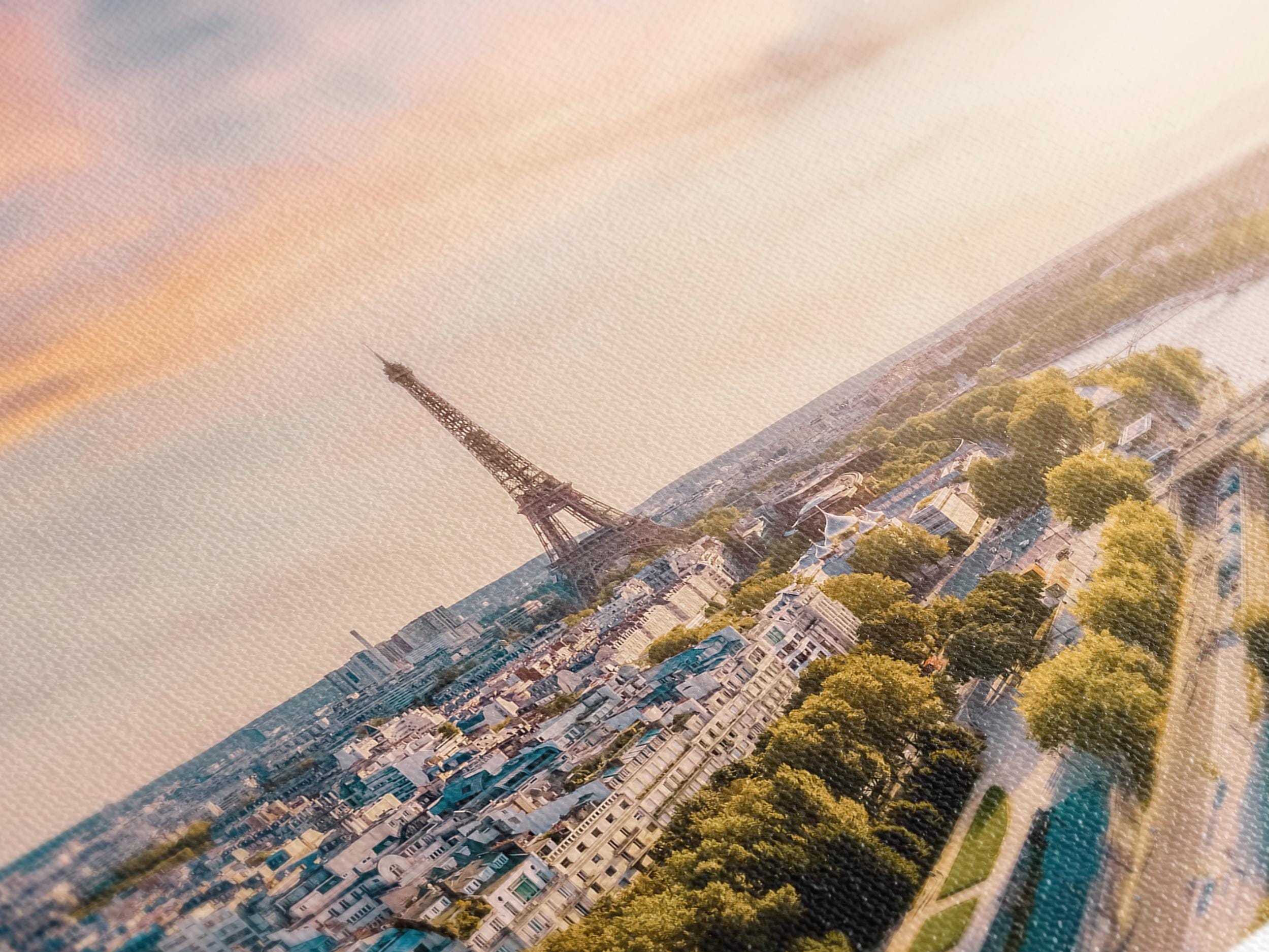 Stampa su tela raffigurante l'aereo di Parigi, grande opera d'arte murale raffigurante la Torre Eiffel, panorama estivo della Senna di grandi dimensioni, decorazione murale romantica francese, opera d'arte rosa tenue