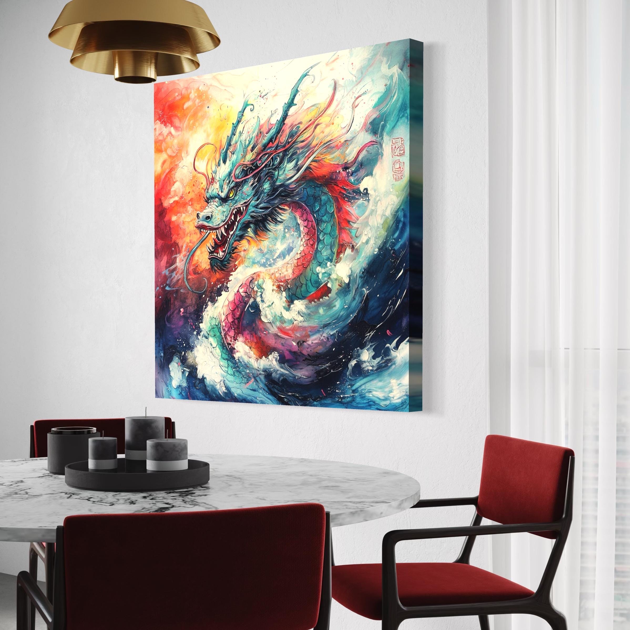 Japanese Dragon Art - Colorful Dragon Canvas Art, Fantasy Wall Art, Abstract Dragon Print, Samurai & Asian Wall Decor, Water Dragon Artwork