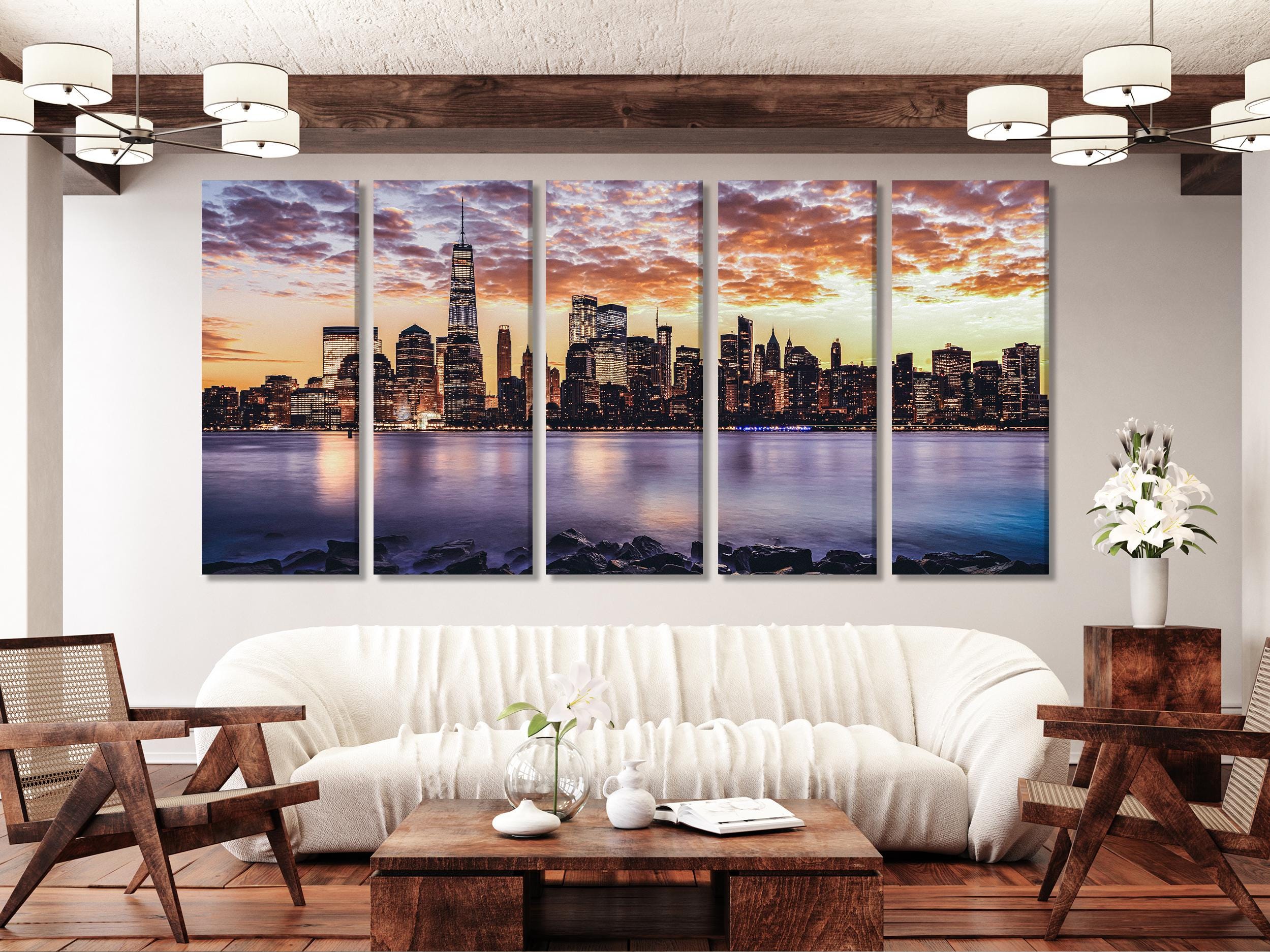 New York City Skyline Canvas Print – Majestic Sunset Over Manhattan, Large Urban Wall Art for Modern Home or Office Decor