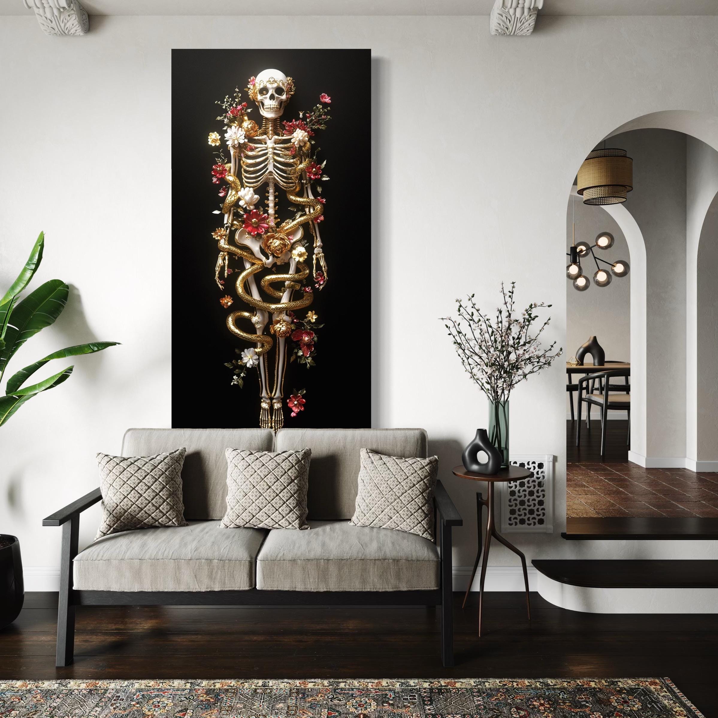 Art mur Skeleton - Toile d'art squelette gothique florale, œuvre serpent doré, Décor mural du surréalisme sombre, Impression sur toile anatomie baroque