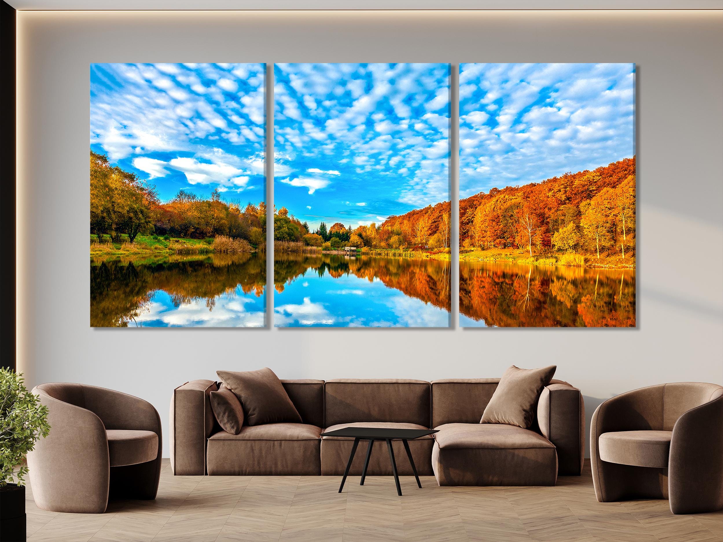 Autumn Lake Wall Art, 5-Panel Massachusetts Mountain Landscape Canvas Print, Large Fall Nature Art Print, Scenic Mountains Wall Art Painting