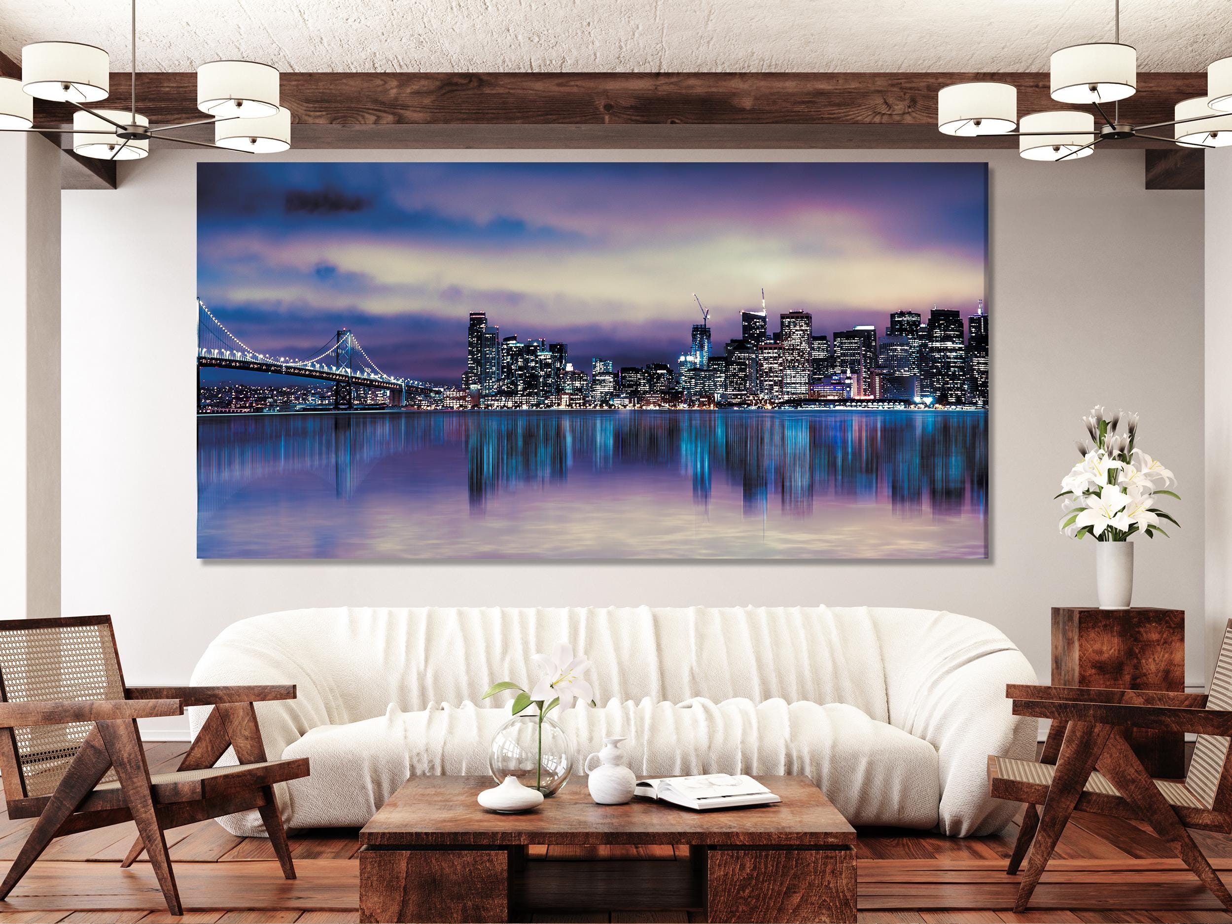 Large San Francisco Skyline Canvas Print, California Cityscape Wall Art, Oversized Bay Bridge Artwork, Night City Canvas for Modern Decor