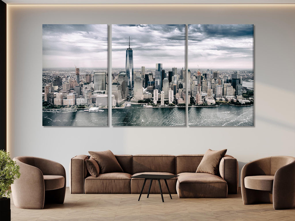 Contemporary skyline canvas print capturing towering skyscrapers beneath dramatic clouds, creating a statement artwork for refined interior design.