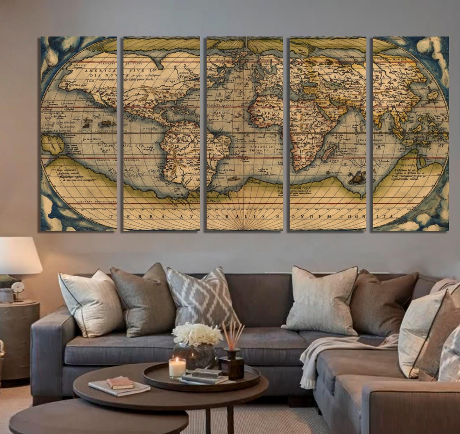 Mappa del mondo vintage da parete - Decorazione da parete rustica per ufficio, stampa su tela con mappa del mondo, decorazione da parete extra large per casa e ufficio