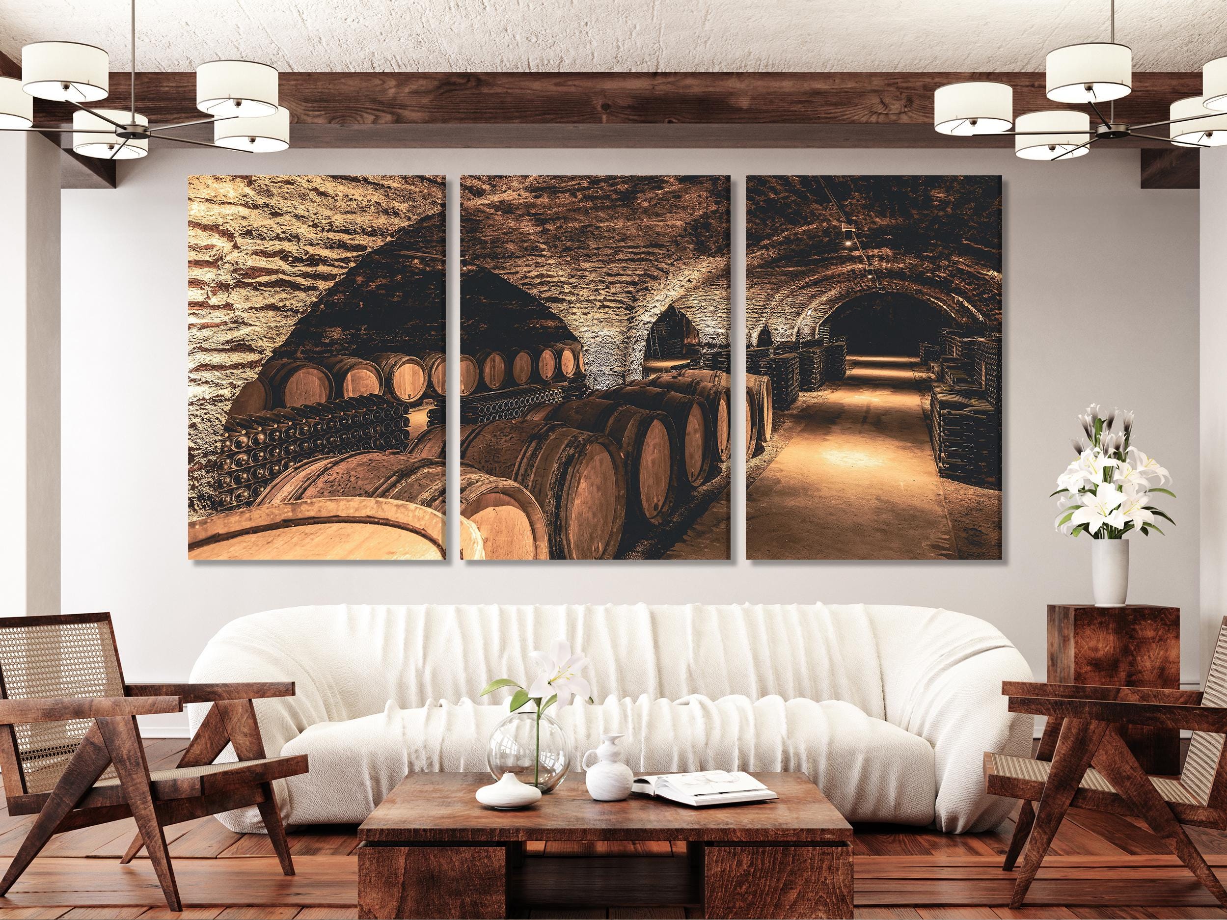 Wine Cellar Canvas Print, Rustic Barrel Wall Art, Vintage Winery Decor, Large 3 Panel Wine Artwork, Vineyard Cellar Landscape Canvas Print