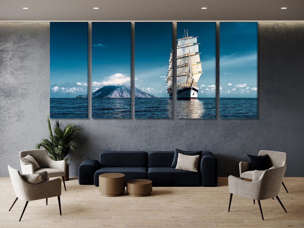 Elegant ocean-themed artwork showcasing a grand vessel against a blue horizon, transformed into a timeless wall art painting for upscale décor.